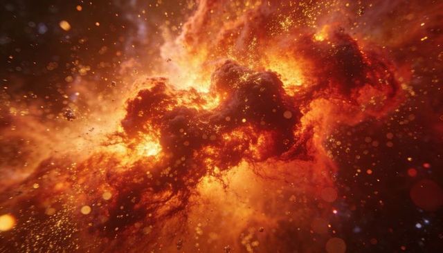Fiery Interstellar Nebula with Luminous Gas Clouds, Dark Filaments and Stellar Sparks