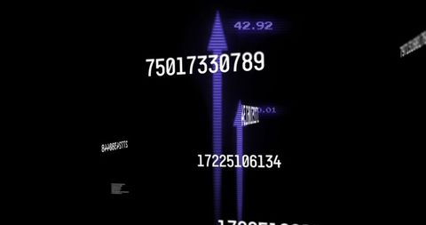 Glowing Purple Arrows Displaying Floating Numerical Data on Neon Scanline Futuristic HUD