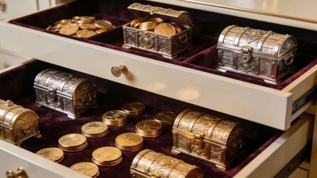 Ornate metal treasure chests and stacked gold coins in velvet-lined cream drawer