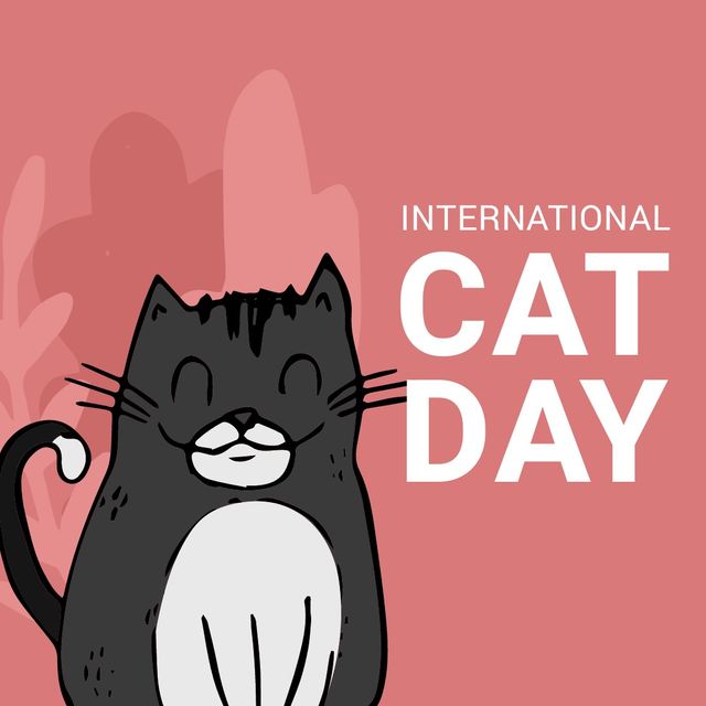 This image featuring a cheerful black cat against a pink background is ideal for promoting International Cat Day celebrations. Perfect for social media posts, event invitations, animal welfare campaigns, or any pet-related content. The vibrant illustration exudes joy and friendliness, making it engaging to cat lovers and animal enthusiasts.