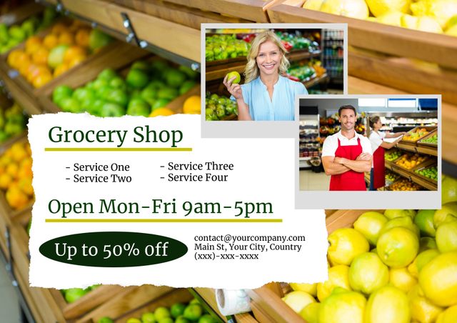Great for promoting local grocery shops and supermarkets. Emphasizes availability of fresh produce and an approachable, friendly crew. Perfect for advertising sales and special offers like up to 50% off. Can be used in both online and offline marketing channels to attract and inform potential customers about operating hours and unique services provided.