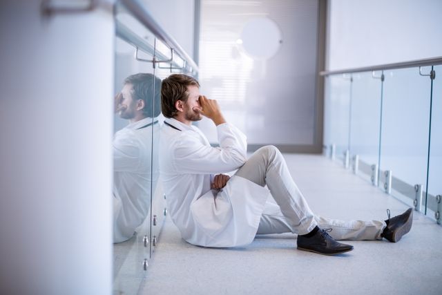 Doctor sitting on the floor in a hospital corridor, appearing stressed and exhausted. Useful for illustrating themes of medical professional burnout, healthcare stress, mental health in the medical field, and the challenges faced by healthcare workers.