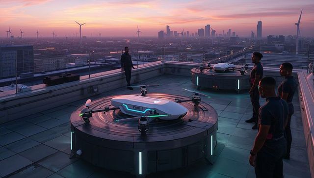 Urban rooftop vtol drone pad at dusk with technicians inspecting autonomous aircraft