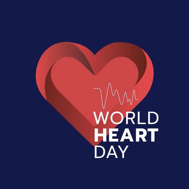 World heart day text banner ad heart rate monitor over red heart against blue background. World heart day awareness concept