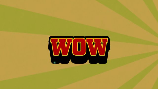 Bright comic book style text 'WOW' in bold red and yellow with rotating white stripes on a pale green background. Excellent for digital marketing, children’s entertainment, comic book designs, and graphic overlays in video production.