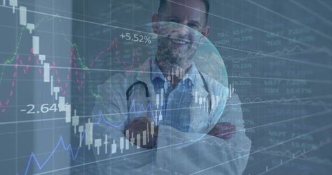 Physician standing arms-crossed with global health analytics overlay showing growth trends