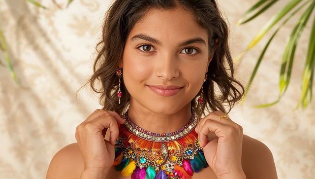 Smiling model wearing vibrant feather and bead statement necklace close-up portrait studio backdrop