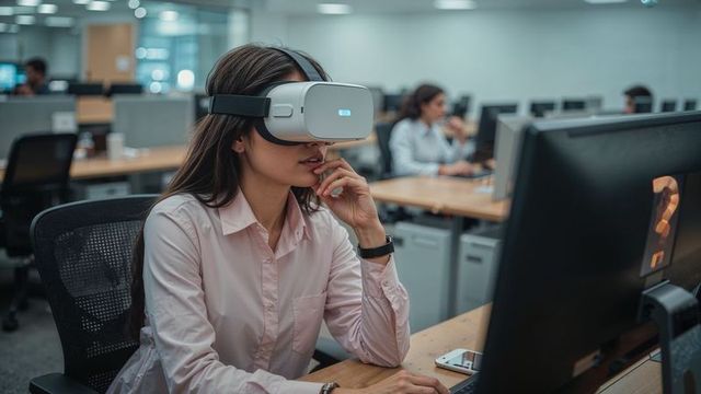 Young Professional Using VR Headset in Modern Workspace
