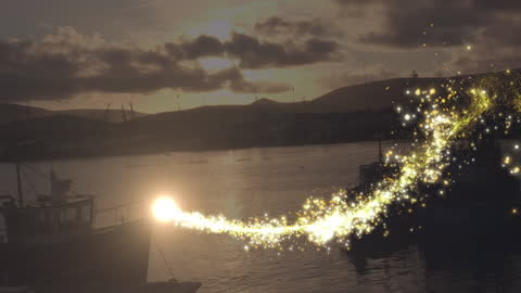 Glittering Light Trail Across Cityscape at Dusk