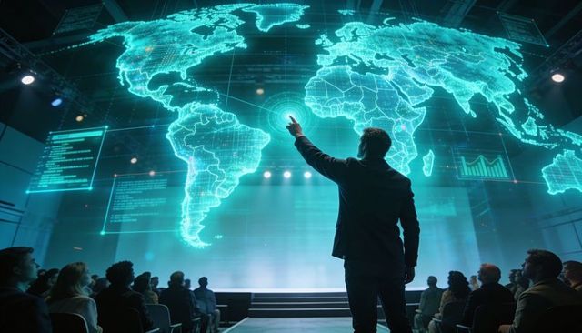 Business Leader Presenting Holographic World Map and Data Visualization on Corporate Stage