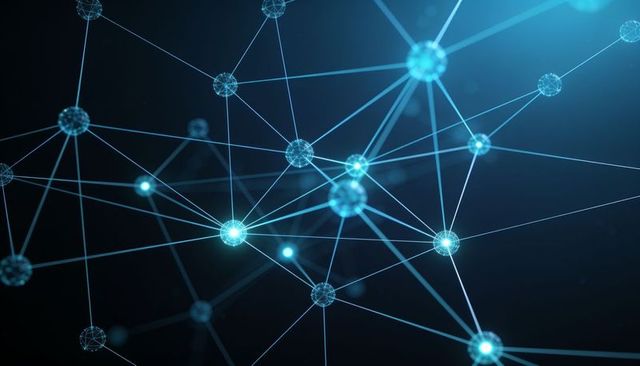Glowing blue wireframe network with connecting nodes illustrating digital connectivity