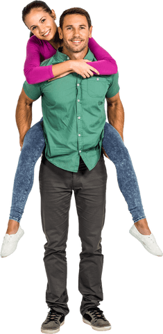 Happy couple fun piggyback ride transparent background