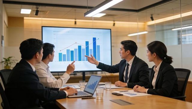 Executive team analyzing growth charts and presenting sales data in glass conference room