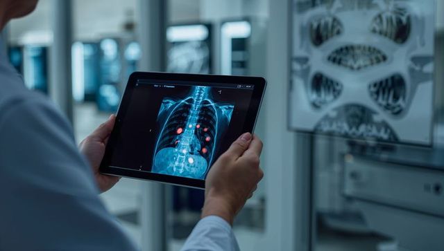 Radiologist analyzing chest x-ray scan on digital tablet