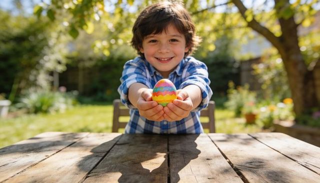 Smiling boy holding colorful easter egg while sitting at wooden table in sunlit garden