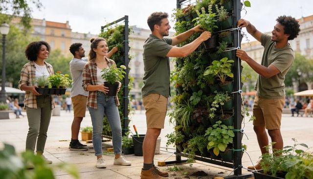 Volunteers assembling vertical green wall in urban plaza planting herbs and foliage