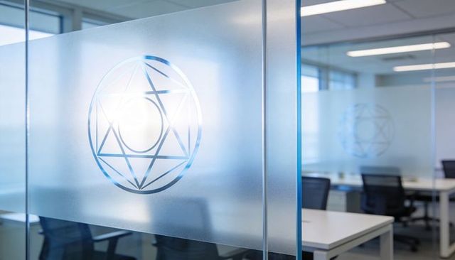 Frosted glass partition featuring geometric logo over minimal white desks and mesh chairs