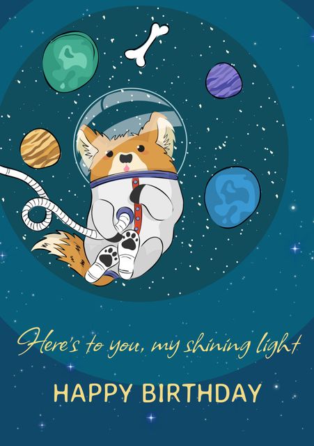 Perfect for a unique birthday greeting card, this playful illustration features a lovable astronaut dog joyfully floating among colorful planets. An ideal choice for space enthusiasts or pet lovers celebrating a special occasion.