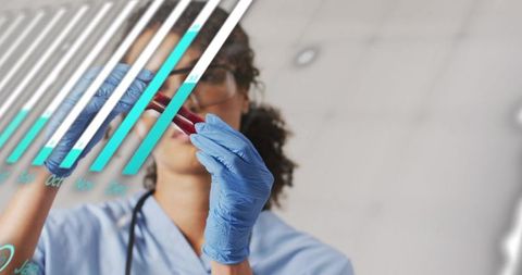 Nurse examining blood sample with teal data overlay and bar chart for clinical analytics
