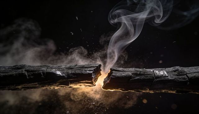 Smoldering charred wood splitting with ember glow, curling smoke, scattered sparks, fine ash