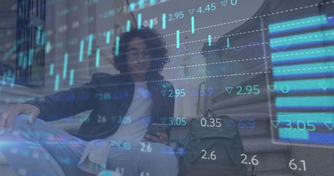 Hispanic Man Analyzing Stock Charts on Smartphone in Urban Setting