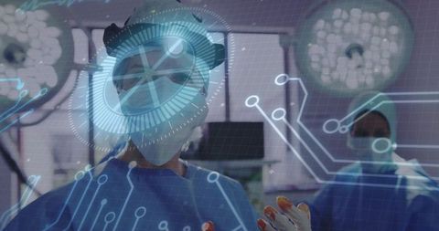 Surgeon performing futuristic surgery with holographic technology