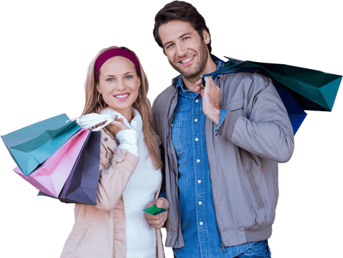 Smiling Couple with Colorful Shopping Bags on Transparent Background