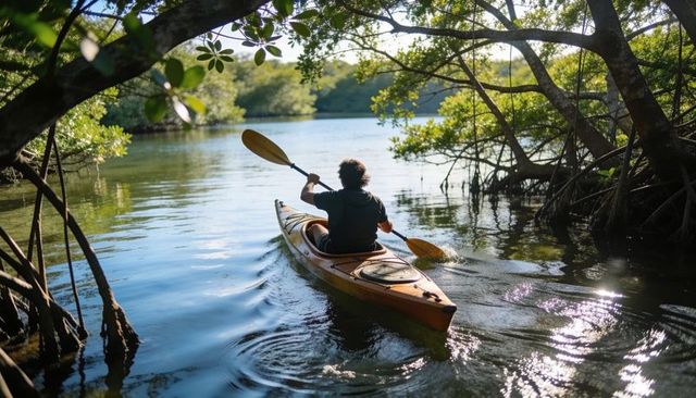 Paddling through sunlit mangrove channel in yellow kayak, estuary solitude, calm ripples