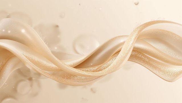 Champagne satin ribbon flowing with glittering shimmer over soft beige backdrop