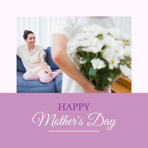 Mother's Day Celebration with Flowers and Smiling Mother on Couch