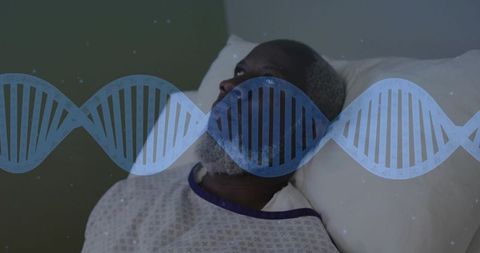 Elder patient lying in hospital bed with dna helix overlay representing genomics research