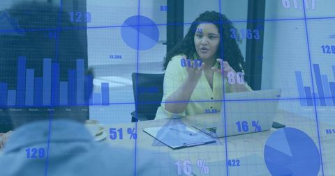 Corporate team meeting discussing data analytics and strategy