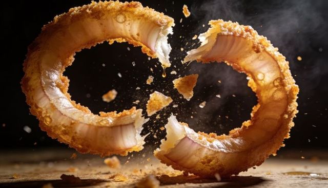 Crispy onion rings splitting midair with golden crumbs flying and steam rising