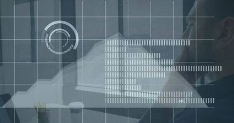 Data analysis over contemplative businessman in modern office