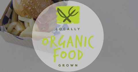 Organic food badge overlay featuring burger and fries for local brand and menu design