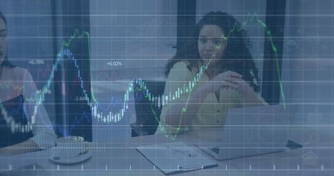 Business Colleagues Discussing Work with Financial Data Interface