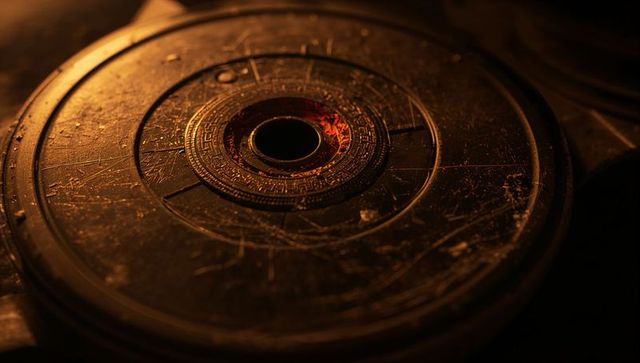 Aged metallic disk with patina on dimly lit workbench