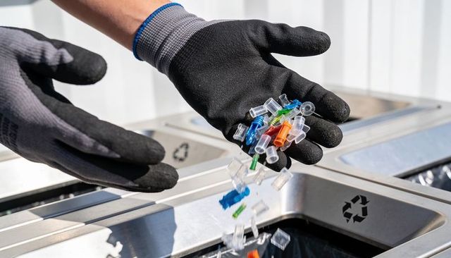 Gloved hands dropping plastic caps and colored connectors into stainless recycling bin