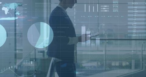 Businesswoman analyzing data with transparent financial graph interface