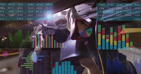 Female Automotive Technician Fixing Undercarriage with Gloves and Data Analytics Overlay