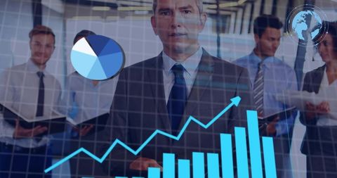 Presenting mature executive leading team reviewing business analytics and growth charts