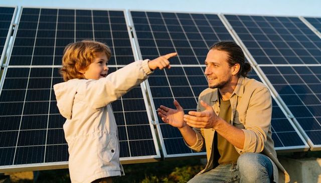 Father Teaching Son Solar Energy as Child Points at Photovoltaic Panels During Golden Hour