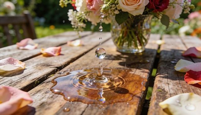 Falling water droplet forming splash on weathered wood table with rose petals and vase