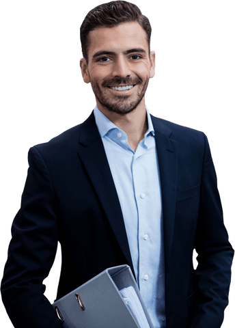 Transparent confident businessman holding files, smiling professionally