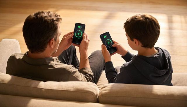Father and son charging smartphones on sunlit sofa, sharing relaxed tech moment