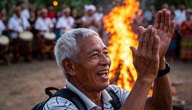 Smiling elder asian man clapping and celebrating at outdoor bonfire festival with drummers