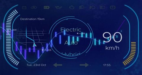 Futuristic electric vehicle hud displaying 90 km/h speed with mode selector and neon data