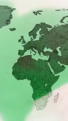 Vertical animated polygonal map revealing translucent green overlay across Europe and Africa