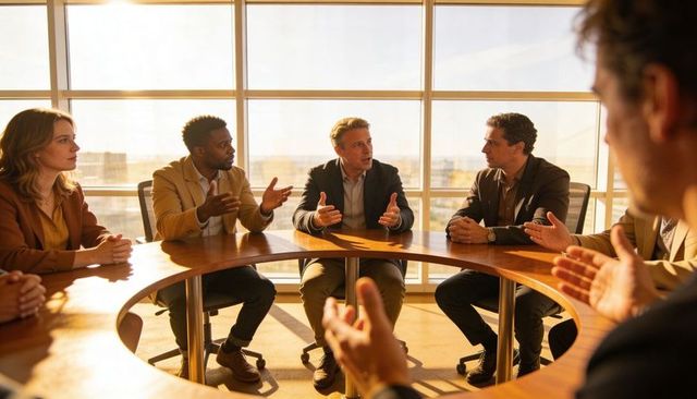 Executive team debating around curved boardroom table with panoramic city windows