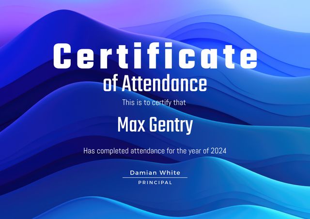 Elegant attendance certificate featuring a blue abstract background. Perfect for educational institutions, corporate training, or special event recognition. Designed to celebrate completion and attendance, adding a touch of sophistication to any achievement.